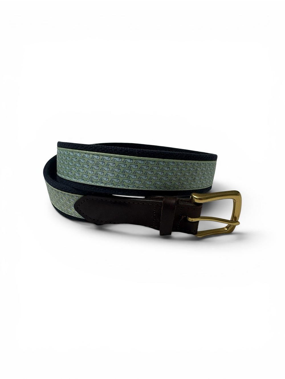 Vineyard Vines Green Patterned Webbing Belt with Dark Brown Leather